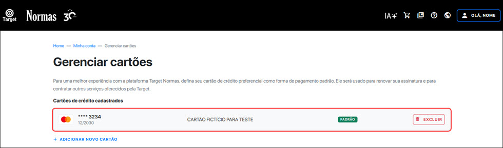 Cartão cadastrado com sucesso