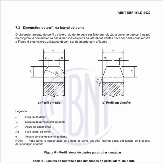 Quais são os limites de tolerância nas dimensões do perfil lateral do dente conforme número da corrente?