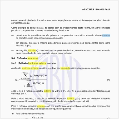Como se calcula a reflexão luminosa externa do vidro?