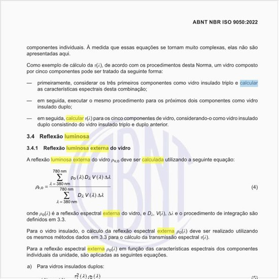 Como se calcula a reflexão luminosa externa do vidro?