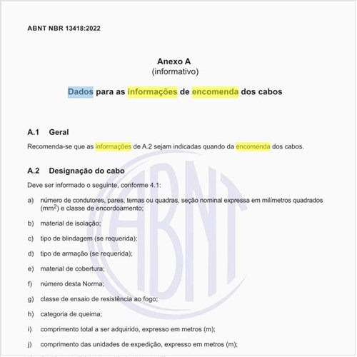 Quais são os dados para as informações de encomenda dos cabos?