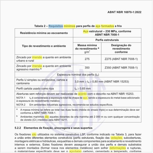 Quais são os requisitos mínimos para perfis de aço formados a frio?