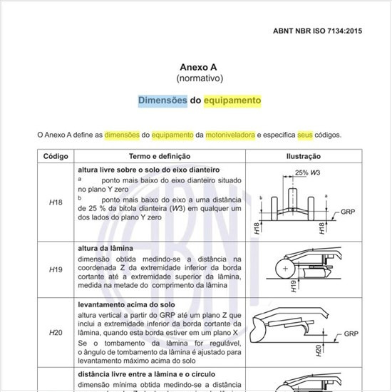 Quais devem ser as dimensões do equipamento da motoniveladora e os seus códigos?