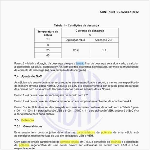 Quais são as características de potência de uma célula?