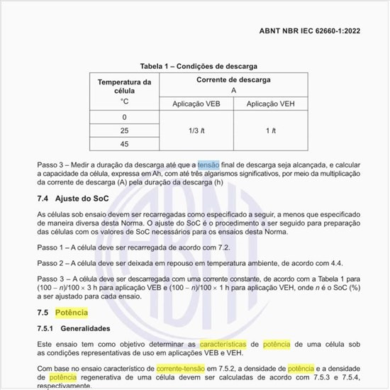 Quais são as características de potência de uma célula?