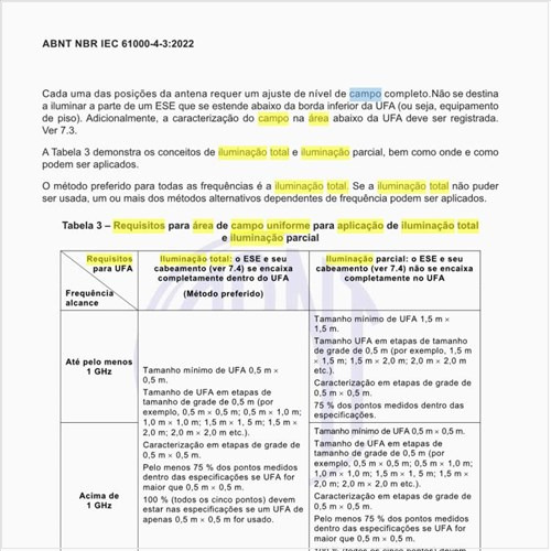 Quais são os requisitos para área de campo uniforme para aplicação de iluminação total e iluminação parcial?