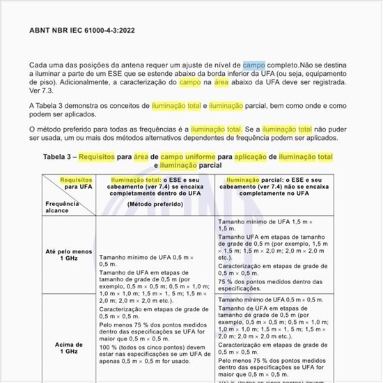Quais são os requisitos para área de campo uniforme para aplicação de iluminação total e iluminação parcial?