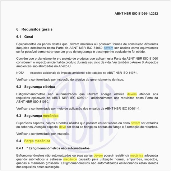 Qual deve ser a força mecânica nos esfigmomanômetros não automatizados?