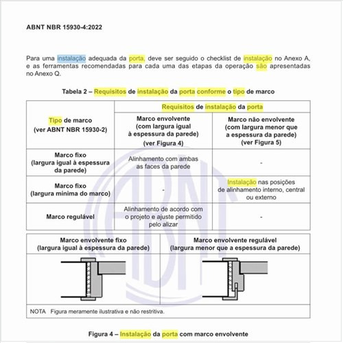 Quais são os requisitos de instalação da porta conforme o tipo de marco?