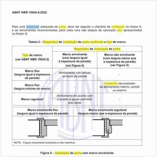 Quais são os requisitos de instalação da porta conforme o tipo de marco?