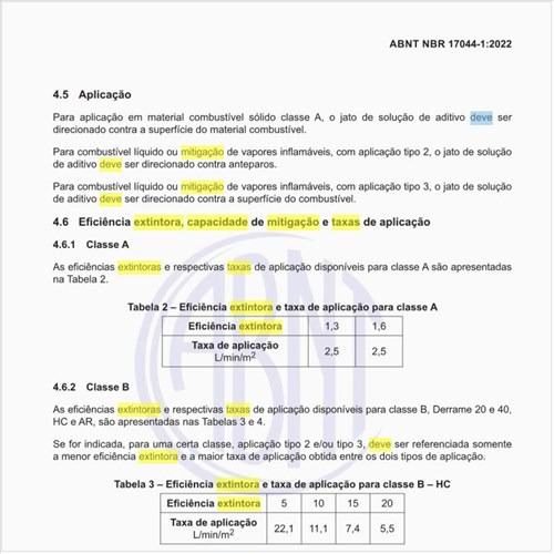Qual deve ser a eficiência extintora, a capacidade de mitigação e as taxas de aplicação?