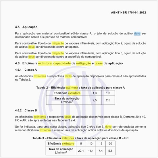 Qual deve ser a eficiência extintora, a capacidade de mitigação e as taxas de aplicação?