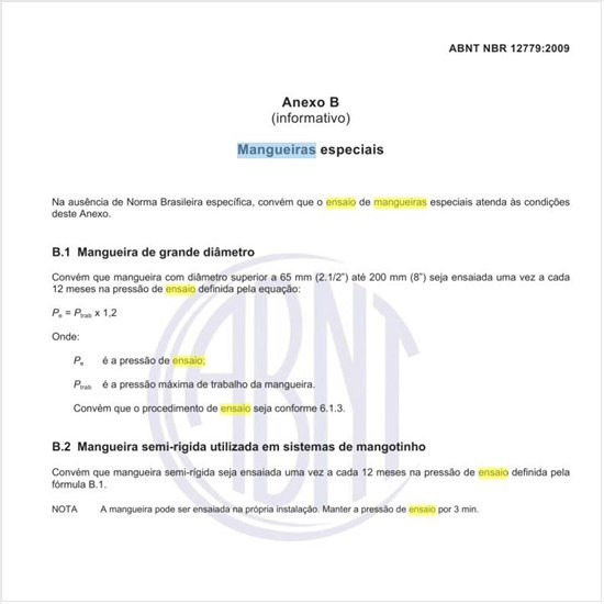 Como deve ser executado o ensaio de mangueiras especiais?