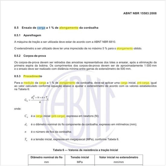 Qual é o procedimento para a medição da carga a 1% de alongamento da cordoalha?