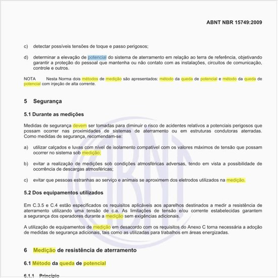 Como deve ser o método da queda de potencial para medição do aterramento?