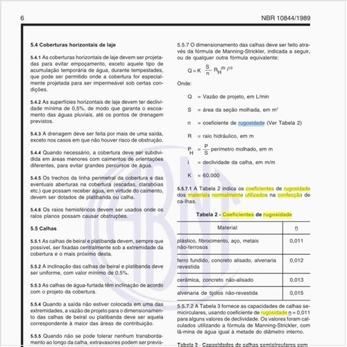 Quais são os coeficientes de rugosidade dos materiais normalmente utilizados na confecção de calhas?