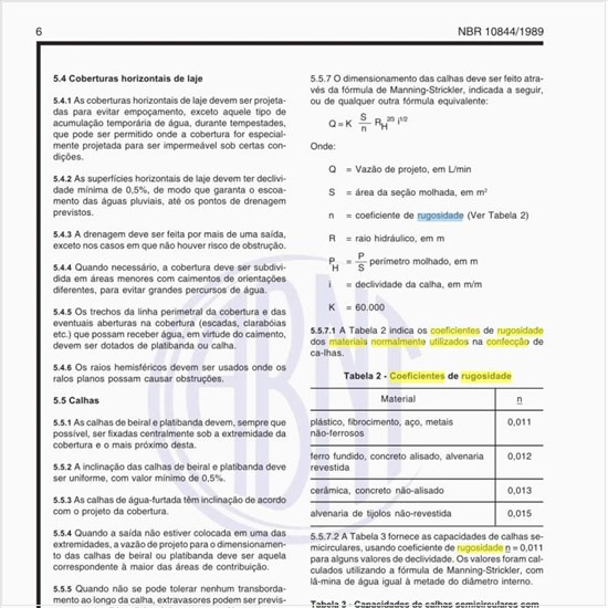 Quais são os coeficientes de rugosidade dos materiais normalmente utilizados na confecção de calhas?