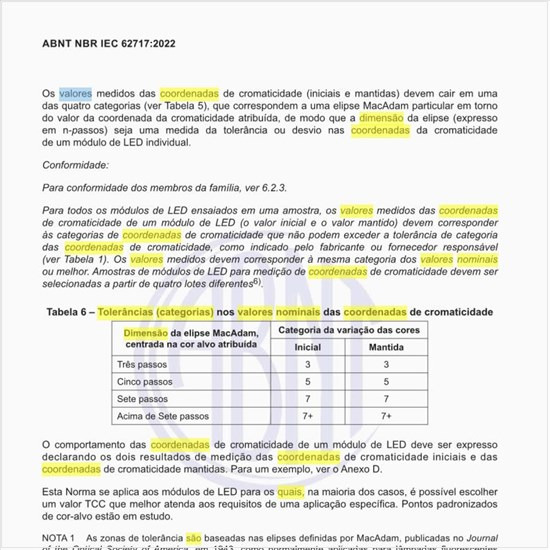 Quais são as tolerâncias (categorias) nos valores nominais das coordenadas de cromaticidade?