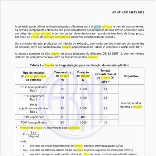 Como devem ser os parâmetros do ensaio de pressão hidrostática interna do corpo principal da conexão?