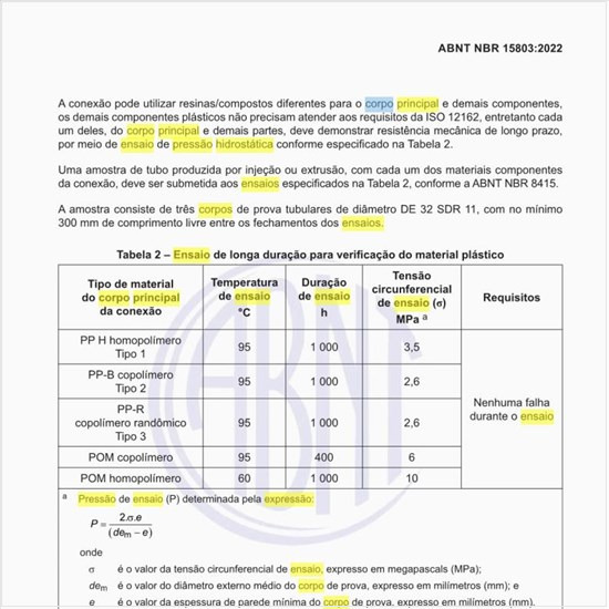 Como devem ser os parâmetros do ensaio de pressão hidrostática interna do corpo principal da conexão?
