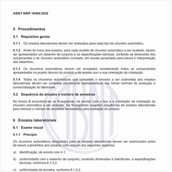 Quais os ensaios laboratoriais que devem ser realizados para cada tipo de chuveiro automático?