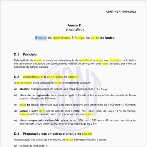 Qual deve ser a aparelhagem e as condições de ensaio de resistência à fadiga na caixa de lastro?