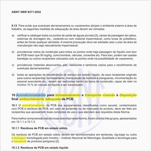 Como realizar o acondicionamento para armazenamento e transporte visando à disposição final ambientalmente adequada de PCB?