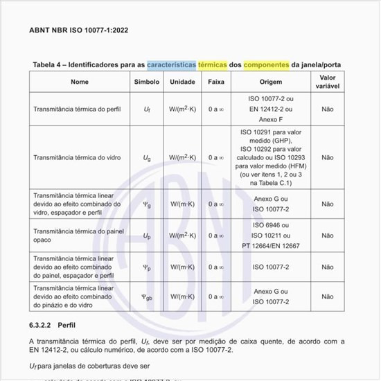 Quais são os identificadores para as características térmicas dos componentes da janela/porta?
