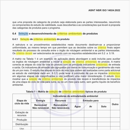 Como deve ser executada a seleção de critérios ambientais do produto?