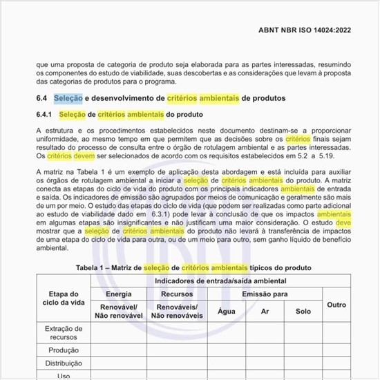 Como deve ser executada a seleção de critérios ambientais do produto?