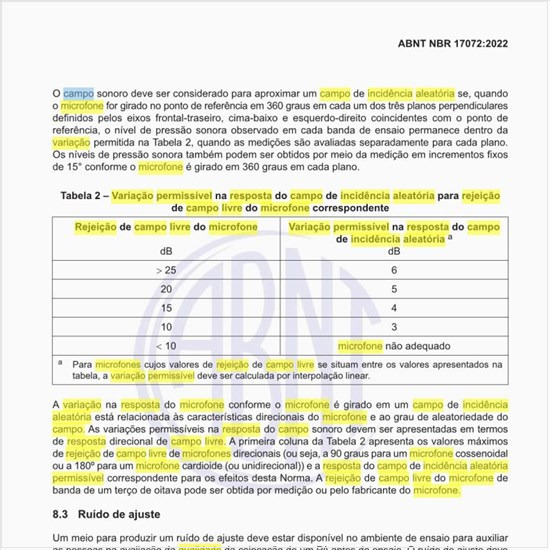 Qual a variação permissível na resposta do campo de incidência aleatória para rejeição de campo livre do microfone correspondente?