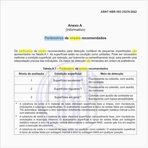 Quais são os parâmetros de ensaio recomendados?