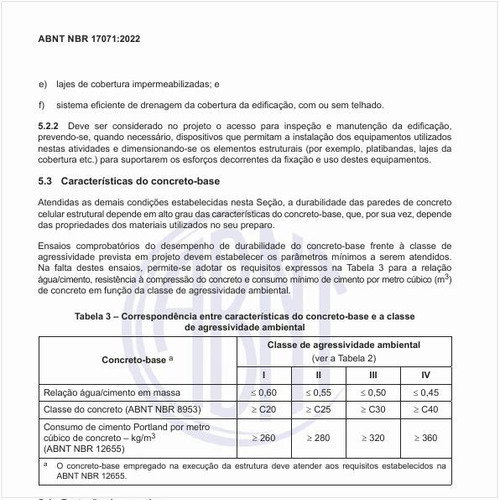 Qual a correspondência entre características do concreto-base e a classe de agressividade ambiental?