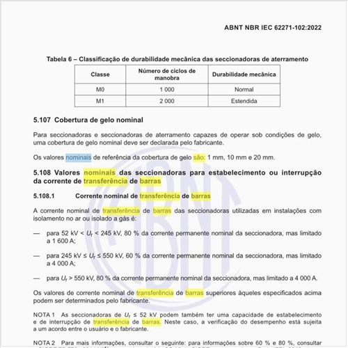 Quais são as tensões nominais de transferência de barras das seccionadoras?