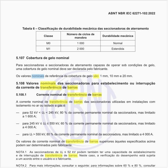 Quais são as tensões nominais de transferência de barras das seccionadoras?
