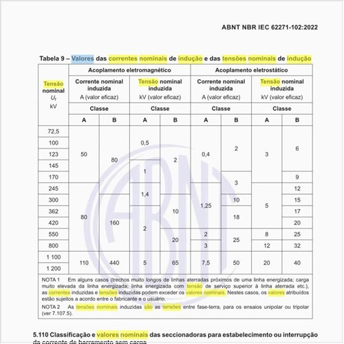 Quais são os valores das correntes nominais de indução e das tensões nominais de indução?