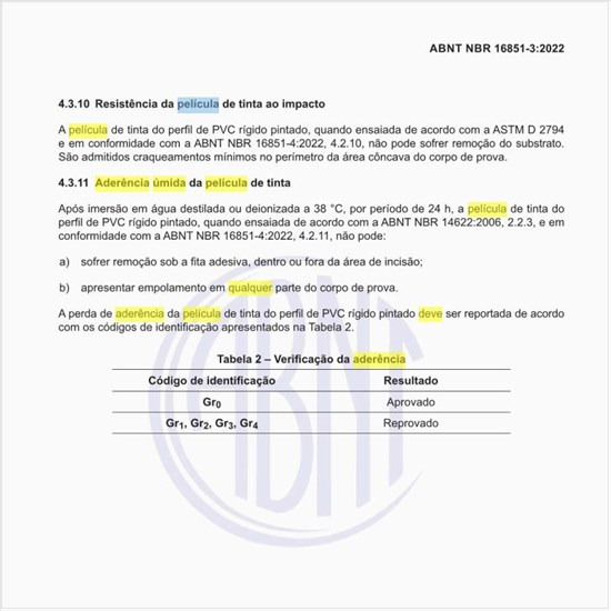 Qual deve ser a aderência úmida da película de tinta?