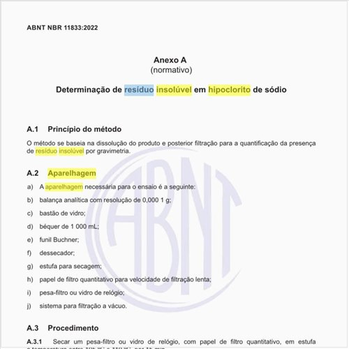 Qual a aparelhagem para determinar o resíduo insolúvel em hipoclorito de sódio?