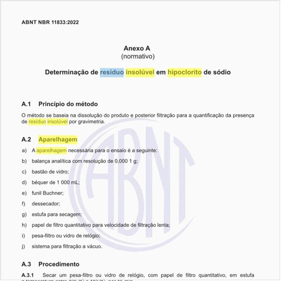 Qual a aparelhagem para determinar o resíduo insolúvel em hipoclorito de sódio?