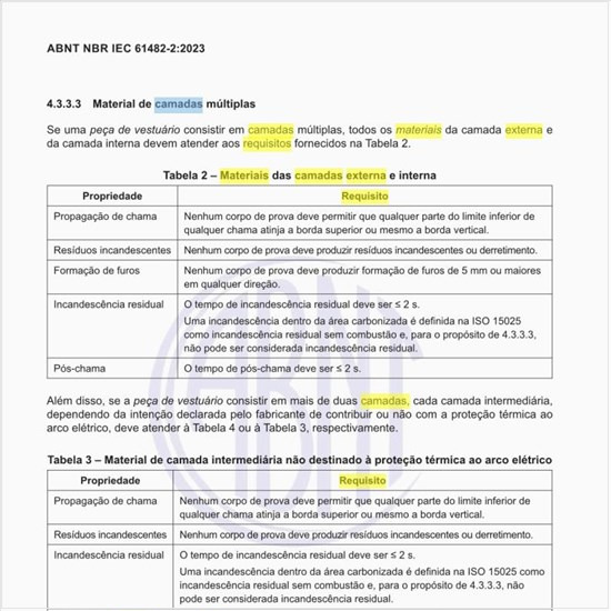 Quais são os requisitos dos materiais das camadas externa e interna?