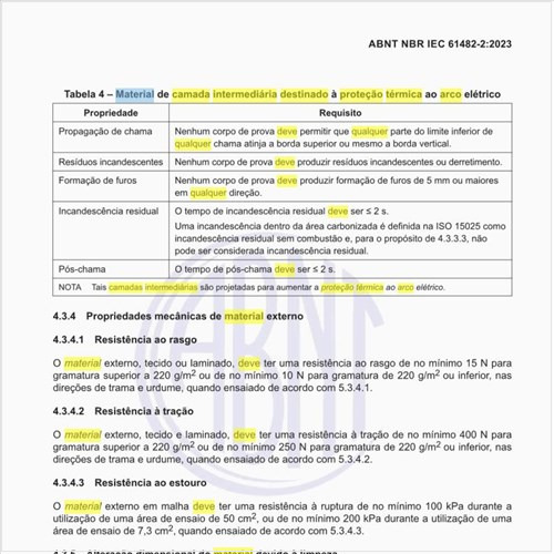 Qual deve ser o material da camada intermediária destinado à proteção térmica ao arco elétrico?