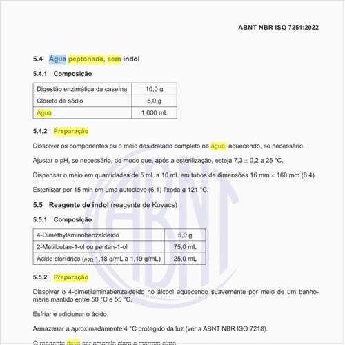 Como deve ser a preparação da água peptonada, sem indol?