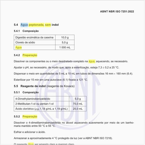 Como deve ser a preparação da água peptonada, sem indol?