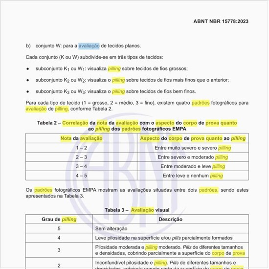Qual a correlação da nota da avaliação com o aspecto do corpo de prova quanto ao pilling dos padrões fotográficos EMPA?