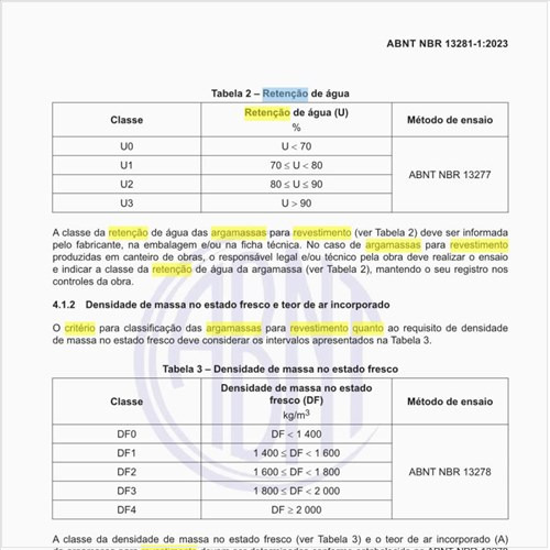 Qual o critério para a classificação das argamassas para revestimento quanto à retenção de água?