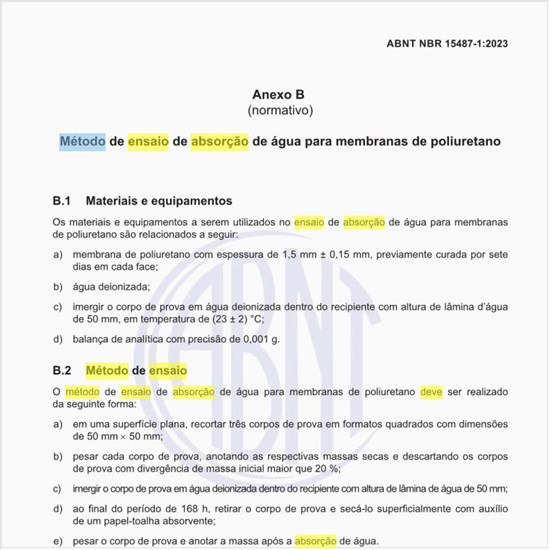 Como deve ser feito o método de ensaio de absorção de água?