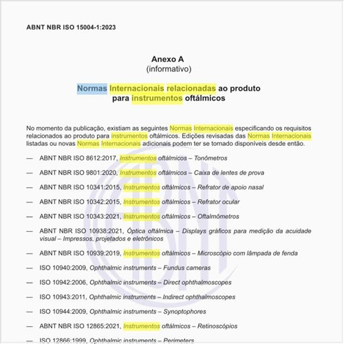 Quais as normas internacionais relacionadas aos instrumentos oftálmicos?