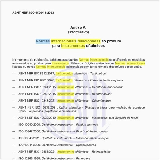 Quais as normas internacionais relacionadas aos instrumentos oftálmicos?