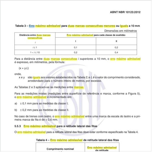 Qual o erro máximo admissível para duas marcas consecutivas menores ou iguais a 10 mm?