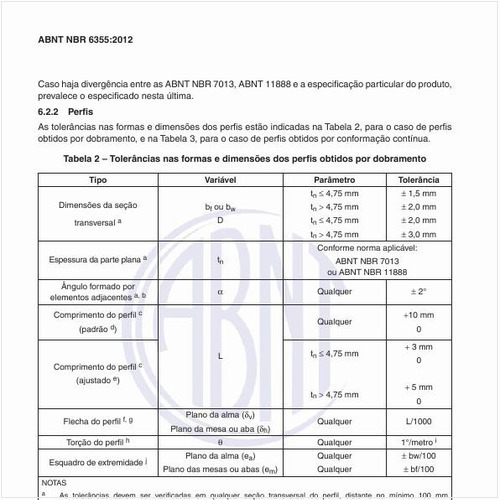 Quais são as tolerâncias nas formas e dimensões dos perfis obtidos por dobramento?